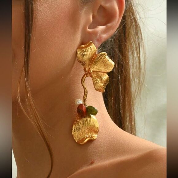 Gold Orchid Drop Earrings with Multicolor Beads - Picture 3 of 10